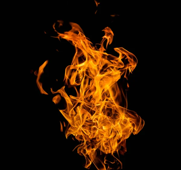 Close Photo Yellow Flames Coming Burning Gasoline Isolated Black Background — Stock Photo, Image