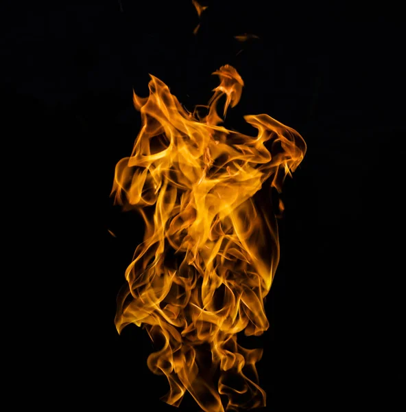 Close Photo Yellow Flames Coming Burning Gasoline Isolated Black Background — Stock Photo, Image