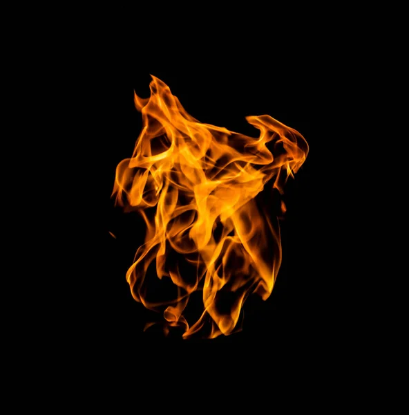 Close Photo Yellow Flames Coming Burning Gasoline Isolated Black Background — Stock Photo, Image