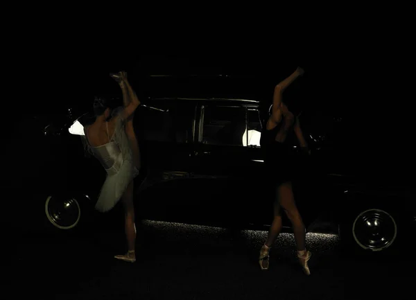 Ritratto Due Ballerini Che Ballano Notte Vicino Auto Retrò — Foto Stock