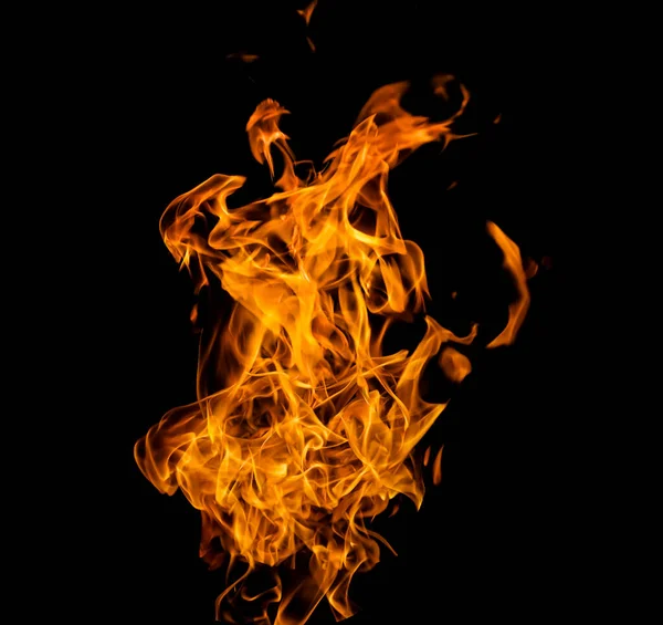 Close Photo Yellow Flames Coming Burning Gasoline Isolated Black Background — Stock Photo, Image