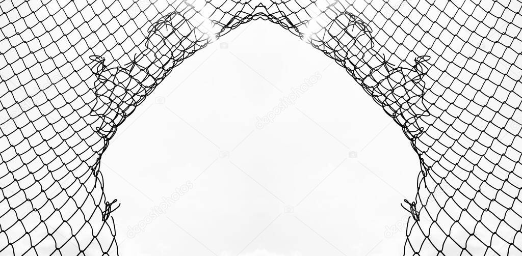 3d illustration. Wire fence or metal net isolated on white background. hole in net. 