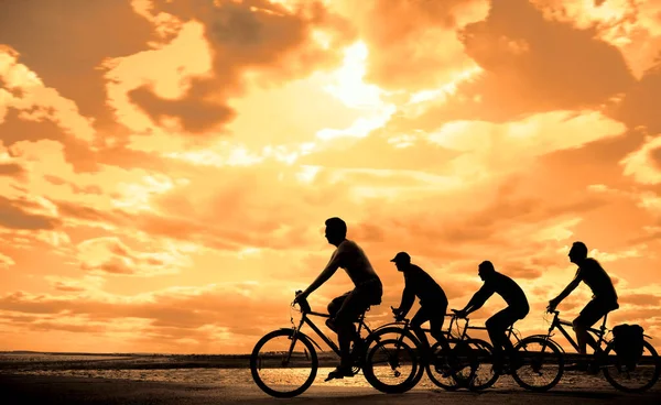 Empty Space Sporty Friends Bicycles Sunset Cyclists Riding Coast Sport — Stock Photo, Image