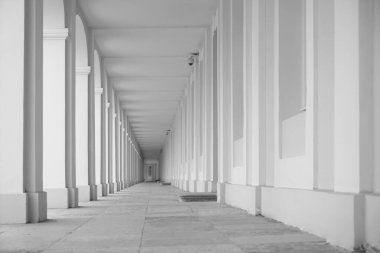 Birkaç neoklasik binanın giriş ve oyun salonlarının bulunduğu geçitlerin simetrik görüntüsü. Ev için güvenlik kameraları. Saint Petersburg. 