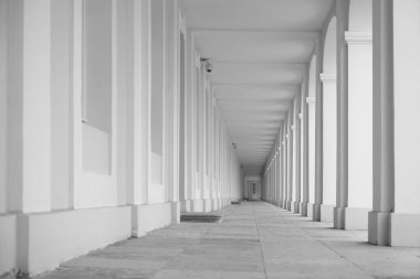 Birkaç neoklasik binanın giriş ve oyun salonlarının bulunduğu geçitlerin simetrik görüntüsü. Ev için güvenlik kameraları. Saint Petersburg. 