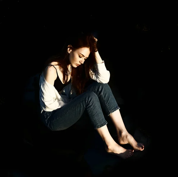 Young Beautiful Woman Long Red Hair Wearing Jeans Sits Floor Royalty Free Stock Photos