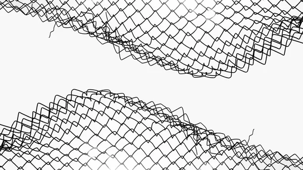 Wire fence or metal net isolated  on white background, sun rays. hole in net.   Wire mesh fence, Rabitz net