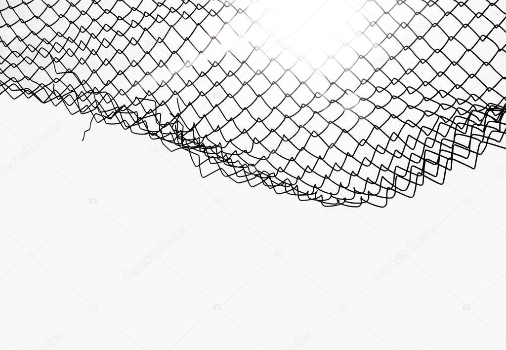 Wire fence or metal net isolated  on white background, sun rays. hole in net.   Wire mesh fence, Rabitz net