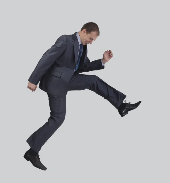 Een Jonge Volwassen Man Zakenman Springen Rennen Geïsoleerd Witte Achtergrond — Stockfoto