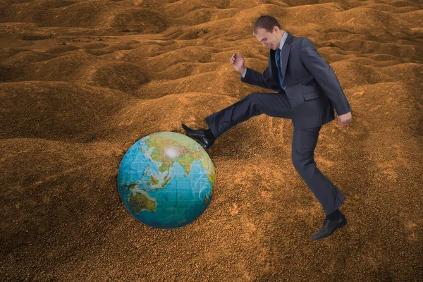 Feliz Hombre Negocios Saltando Nuevo Mundo Globalización Concepto Liderazgo Hombre — Foto de Stock