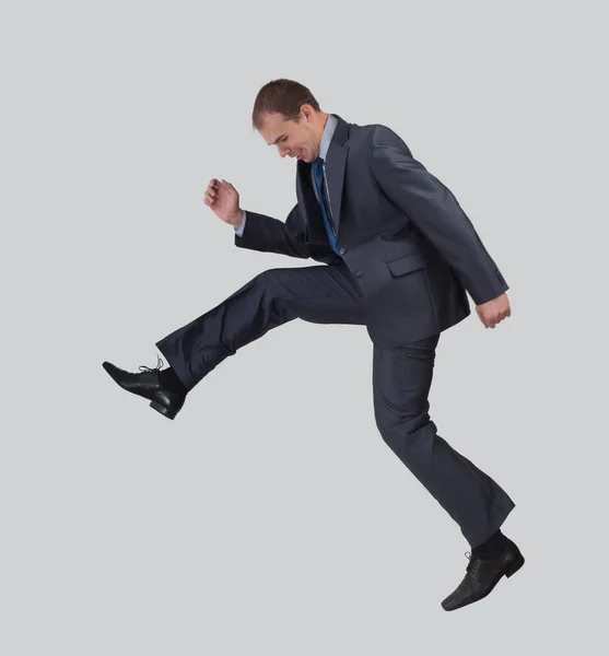 Один Взрослый Мужчина Бизнесмен Прыгающий Бегущий Изолированы Белом Фоне Бизнесмен — стоковое фото