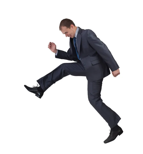 一个年轻的成年男人 商人跳着或跑着 在白色背景下隔离 — 图库照片