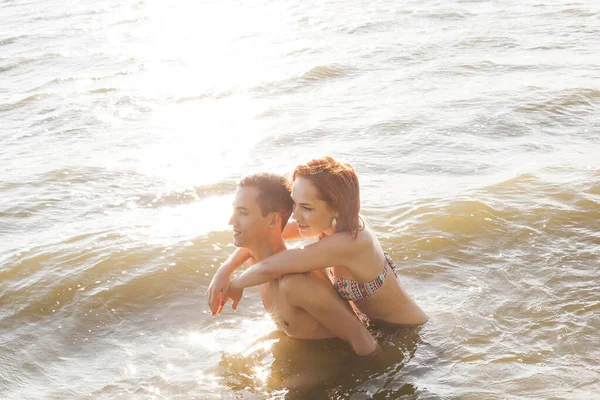 Sexy Kiss Hot Water Passionate Couple Sitting Sunset Sea Shore — Stock Photo, Image