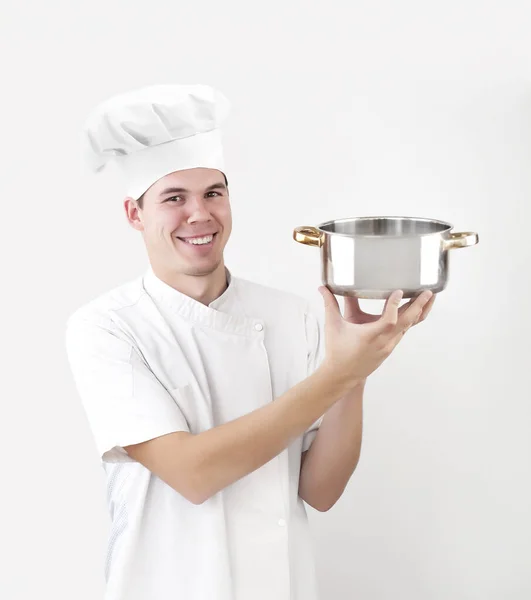 Gelukkige Kaukasische Chef Kok Met Lege Steelpan Geïsoleerd Witte Achtergrond — Stockfoto