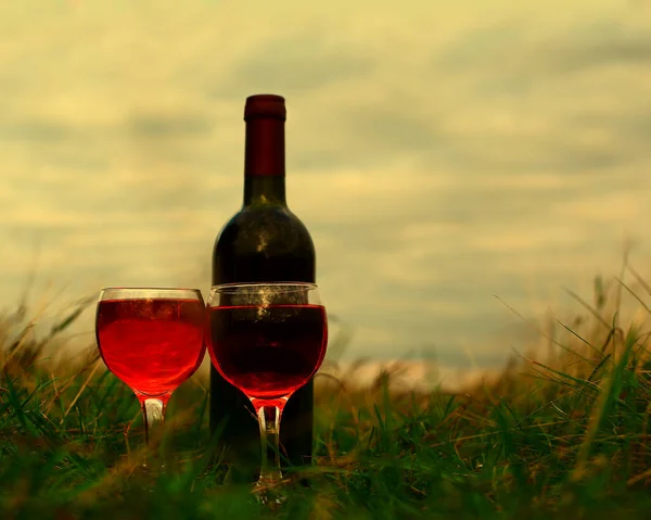 グラス ピクニック エンゲージメントにワインと2つのメガネのボトル 夏の緑の草の背景に赤ワイン1本とグラス2本 — ストック写真