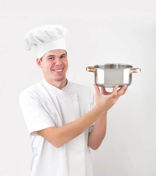 Gelukkige Kaukasische Chef Kok Met Lege Steelpan Geïsoleerd Witte Achtergrond — Stockfoto