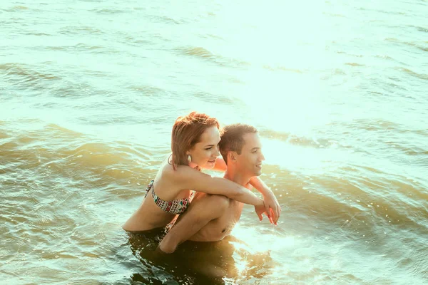 Sexy Kiss Hot Water Passionate Couple Sitting Sunset Sea Shore — Stock Photo, Image
