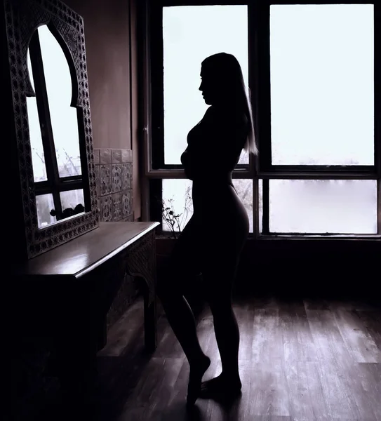 Photo Beautiful Slender Girl Negligee Standing Facing Mirror Dark Room — Stock Photo, Image