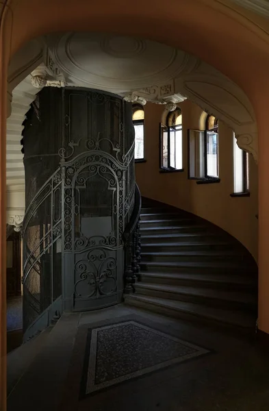 St. Petersburg, Russia - june 18, 2021:  The main staircase interior with an elevator shaft, upper floor. The Image of Grand staircase, Saint Petersburg. Eliseev\'s apartment building: Lomonosov, 14