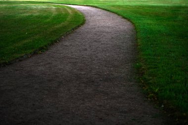 Huzur Parkı 'ndan geçen Taş Yol. Çimenlerin arasından geçen gri bir yol, yaz manzarası
