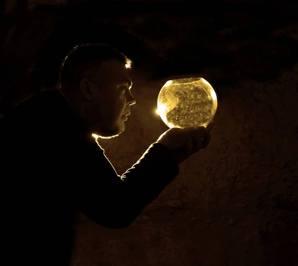 Man Looking Empty Transparent Aquarium Backlight — Stock Photo, Image