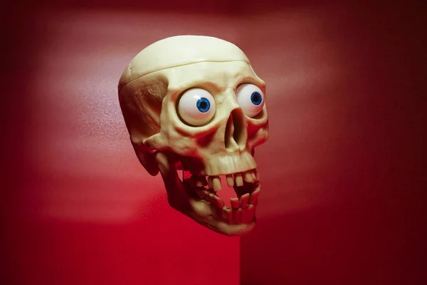 Πλαστικό Ανθρώπινο Κρανίο Μάτια Απομονωμένα Κόκκινο Φόντο — Φωτογραφία Αρχείου