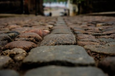 Vyborg 'dan Avrupa kaldırım taşı sokağı, Leningrad bölgesi, Rusya. 