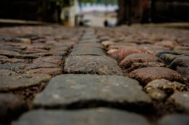 Vyborg 'dan Avrupa kaldırım taşı sokağı, Leningrad bölgesi, Rusya. 