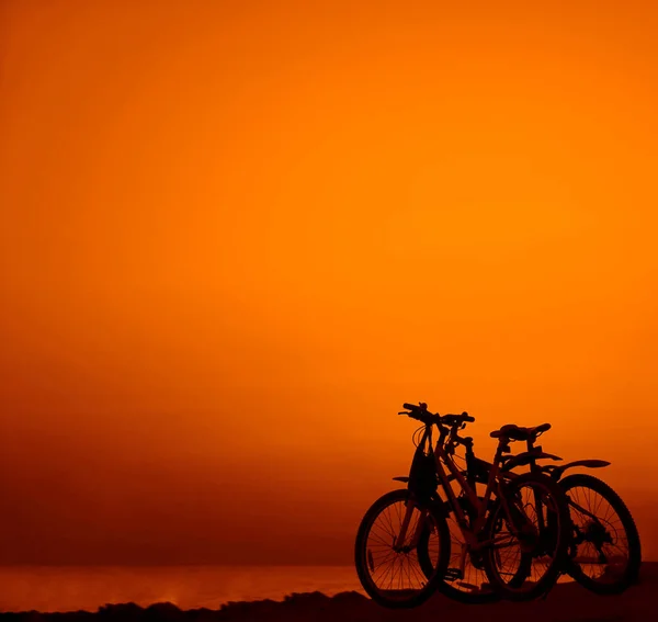 Siluetas Dos Bicicletas Pie Playa — Foto de Stock