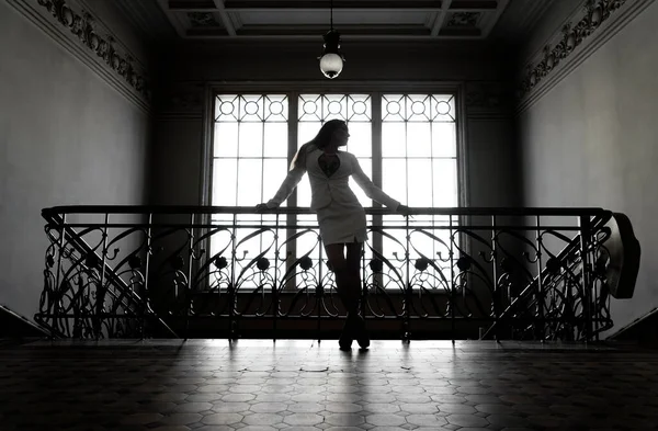 Mujer Con Falda Corta Cerca Escaleras Hierro Retrato Longitud Completa —  Fotos de Stock