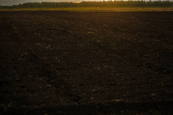 Plowed Field Sunset Sky Background Landscape Agricultural Land Plains Recently — Stock Photo, Image