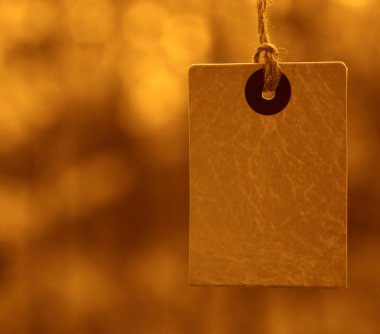 Düşen sonbahar yapraklarının arka planında sarı kare fiyat etiketi var. Ağaçlarda sonbahar indirimi etiketi. Sonbahar tanıtım afişi tasarımı.