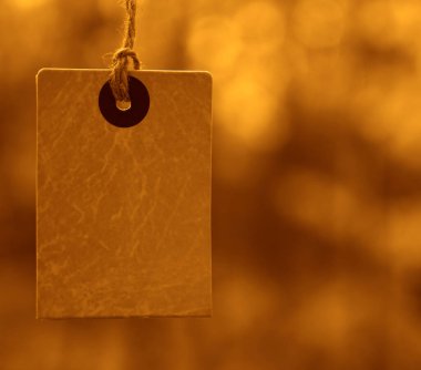 Düşen sonbahar yapraklarının arka planında sarı kare fiyat etiketi var. Ağaçlarda sonbahar indirimi etiketi. Sonbahar tanıtım afişi tasarımı.