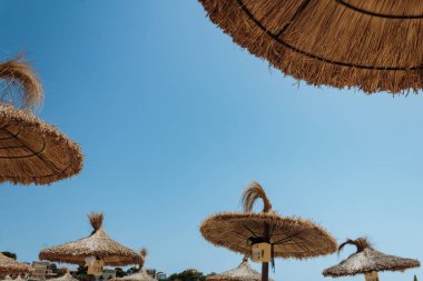 Plajda saman şemsiyeler güneşli yaz gününde