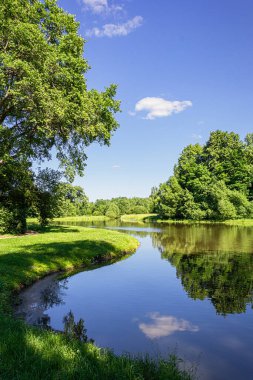 Yeşil ağaçlı bir parkta bir göl manzarası. Takvim, resimler, kartpostallar için yazdırma.