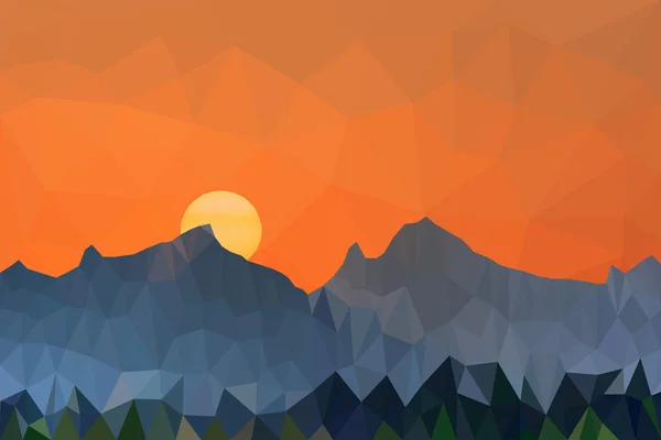 Χαμηλή πολυ διανυσματικά εικονογράφηση ηλιοβασίλεμα και βουνά τοπίο — Διανυσματικό Αρχείο