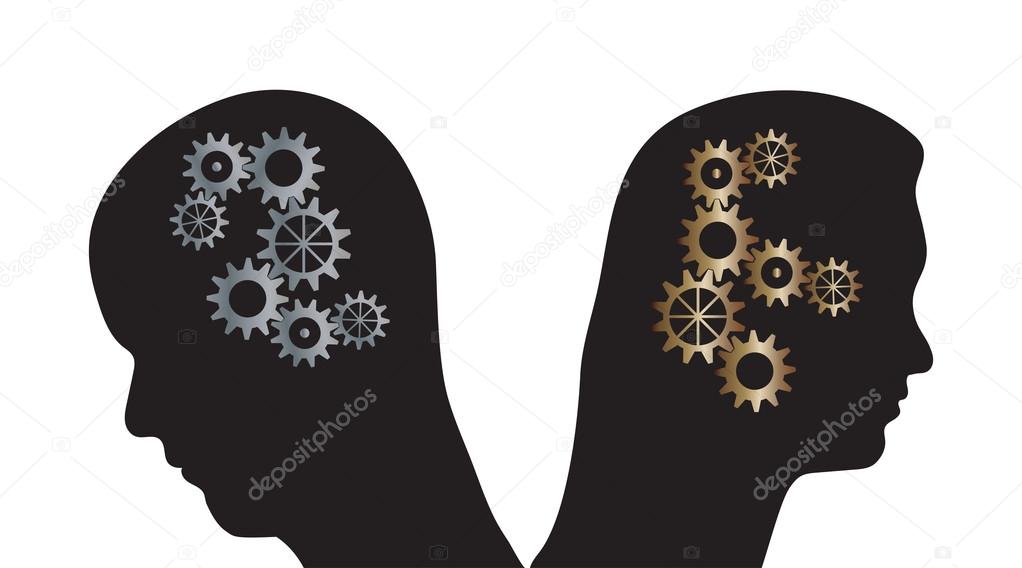 Man and woman vector silhouettes with cogs in heads