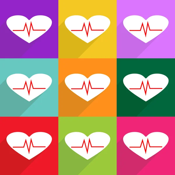 Iconos planos con sombra y cardiograma de diseño moderno — Vector de stock