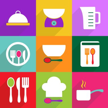 Düz çizmek ile gölge ve modern simgesi mutfak aletleri ayarla