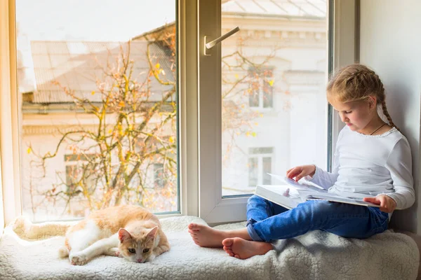 Çocuk pencere eşiğinde otururken bir kitaba bakıyor ve evcil hayvanı yakınlarda yatıyor.