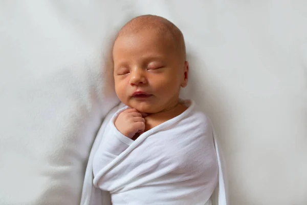 Porträtt av en sovande nyfödd pojke. Lätt, mjuk och ren nyfödd babybild. Stockbild