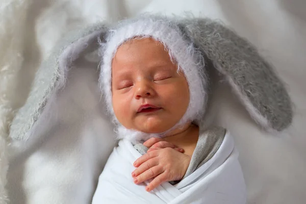 Porträtt av en nyfödd sovande pojke i hatt med öron — Stockfoto