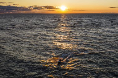 Güneşin altın yansıması içinde suyla kayan bir adam