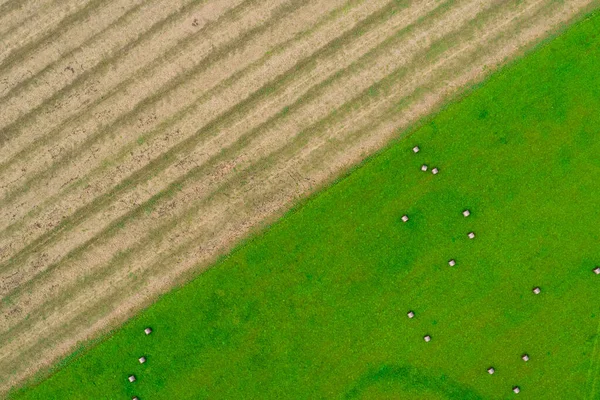 Zelený farmářský trávník se slámovými balíky a oranými poli — Stock fotografie