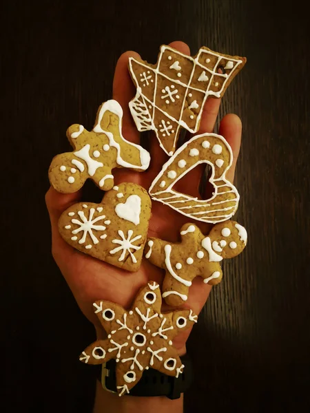 Hand holding gingerbread cookies decorated in New Year patterns — Stock Photo, Image