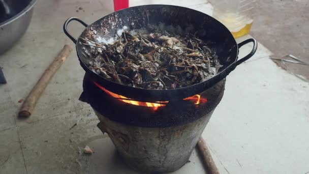 가정용 스토브 위에 냄비에 개구리 튀김 — 비디오