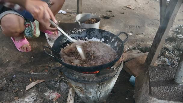 Vrouw roeren diep bakken sprinkhanen in een wok met behulp van een metalen spatel — Stockvideo