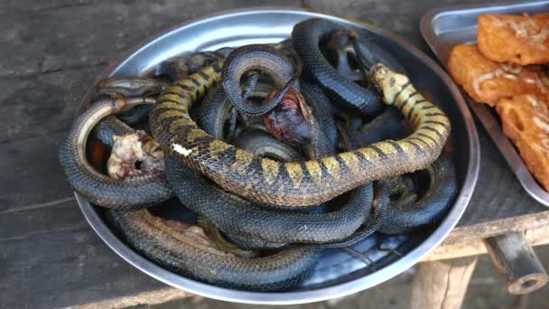 Різні види смажених змій для продажу на місцевому вуличному ринку — стокове відео