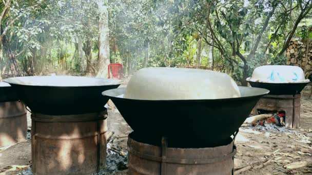 Primer plano de la cocina wok grande en grandes estufas de carbón y brasero de madera al aire libre — Vídeos de Stock