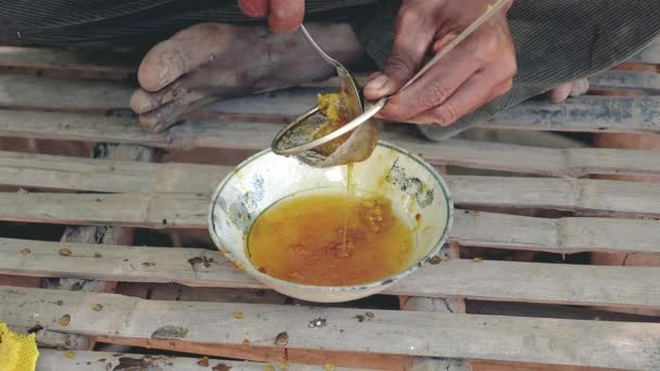 Nahaufnahme eines Mannes mit einem Teesieb zum Auspressen von Honig aus Wachs — Stockvideo